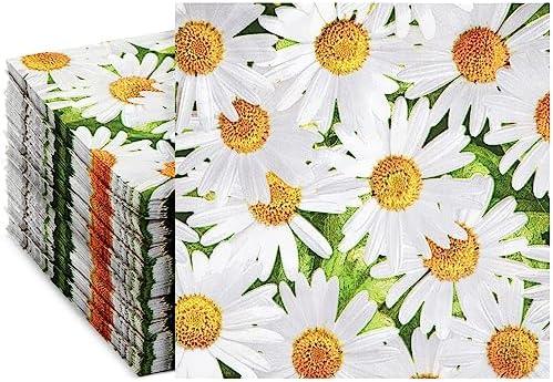 Juvale 100 Pack Decorative Daisy Paper Napkins - 2-Ply 6.5 x 6.5 Inch - Durable Absorbent Disposable Decorative Napkins for Weddings Bridal Showers Tea Parties - Party Tableware with Daisies