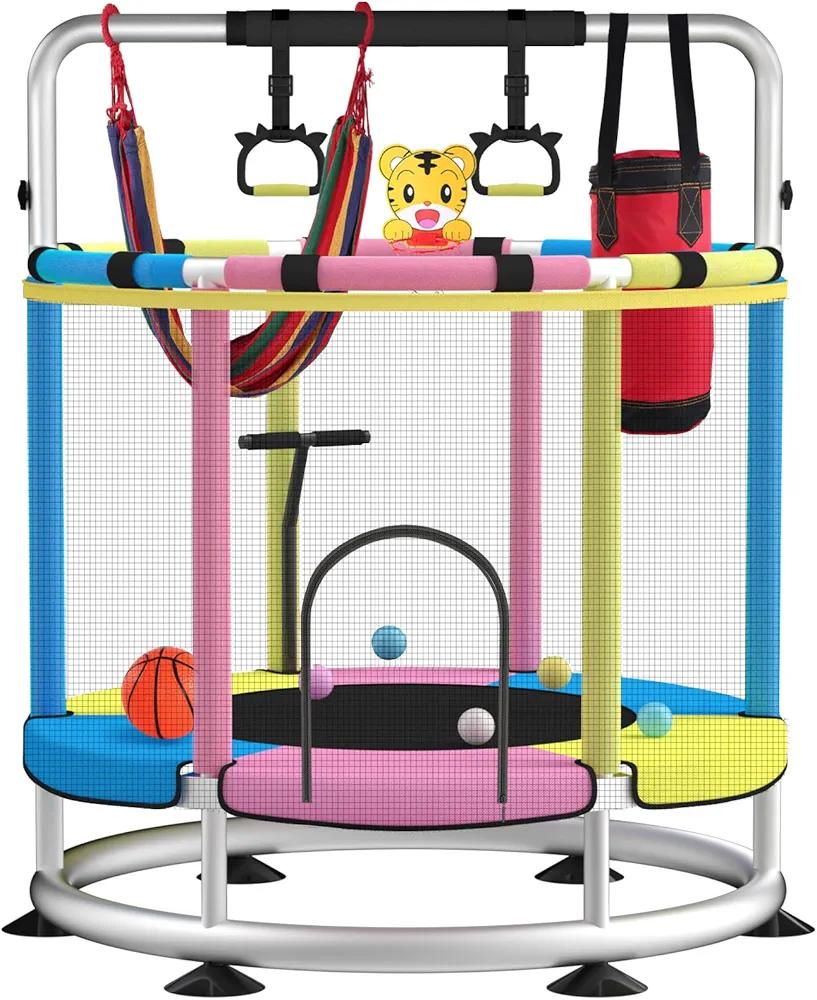 Trampoline for Kids, Adjustable Baby Toddler Trampoline with Basketball Hoop, Round Bottom Indoor Outdoor Toddler with Enclosure