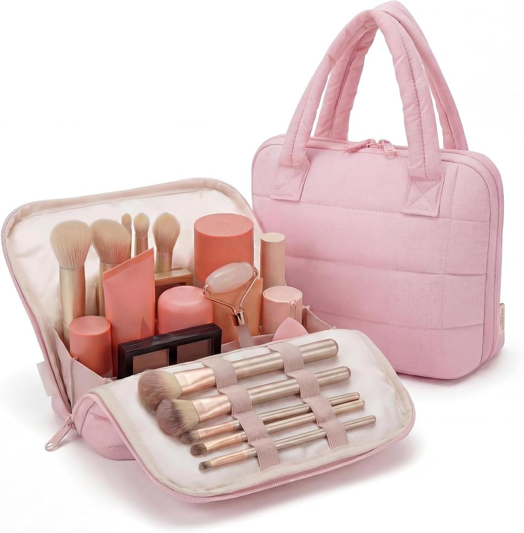 Wandering Nature Standing Makeup Bag for Travel, Portable Fold-down Cosmetic Organizer, Puffer Open Make Up Pouch with Handle & Divider & Brush Holder, Easy Clean Toiletry Bag with EVA Lining