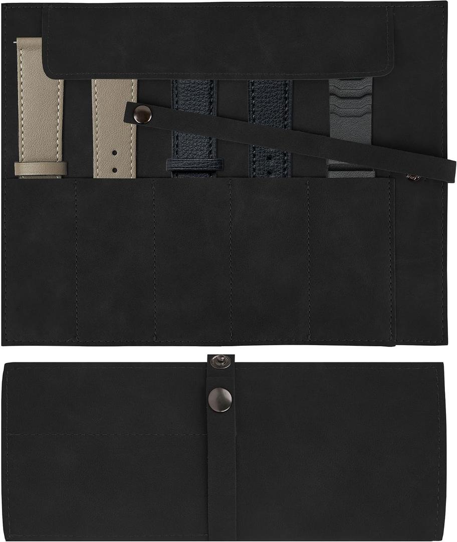 Vegan Leather Watch Band Storage Case, Waterproof Watch Strap Roll Organizer with 5 Slots, Travel Accessories Pouch Compatible with Apple/Garmin/Samsung Watch Bands (Black)