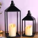 2pcs Farmhouse Lantern Decor with LED Flickering Flameless Candles - Black Metal Lanterns Decorative for Home Decor, Fireplace Mantle or Table Centerpiece, Halloween Christmas Lantern Decor (15 and 11in)