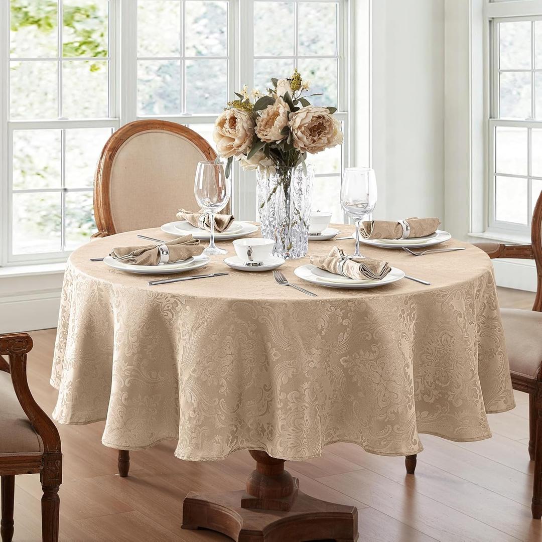 Elrene Home Fashions Caiden Elegance Damask Waterproof, Stain & Wrinkle Resistant Fabric Tablecloth, 90" Round, Taupe