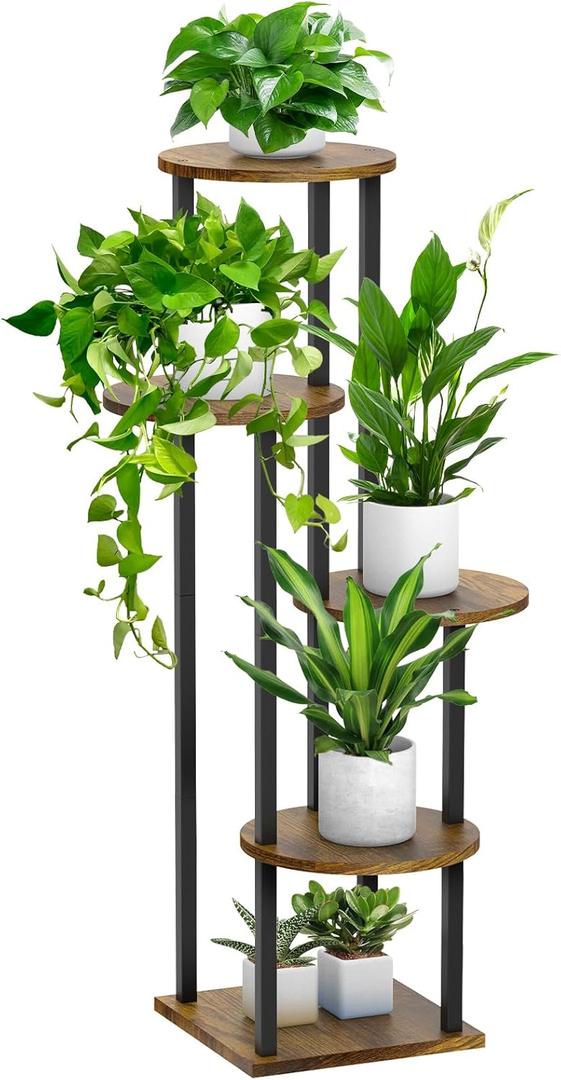 5 Tier Plant Stand Indoor, Metal Wooden Tall Plant Shelf Flower Pot Stand for Multiple Plants, Corner Flower Holder Plant Display Rack for Living Room Balcony Patio Garden (Rustic Brown) (See Figure)
