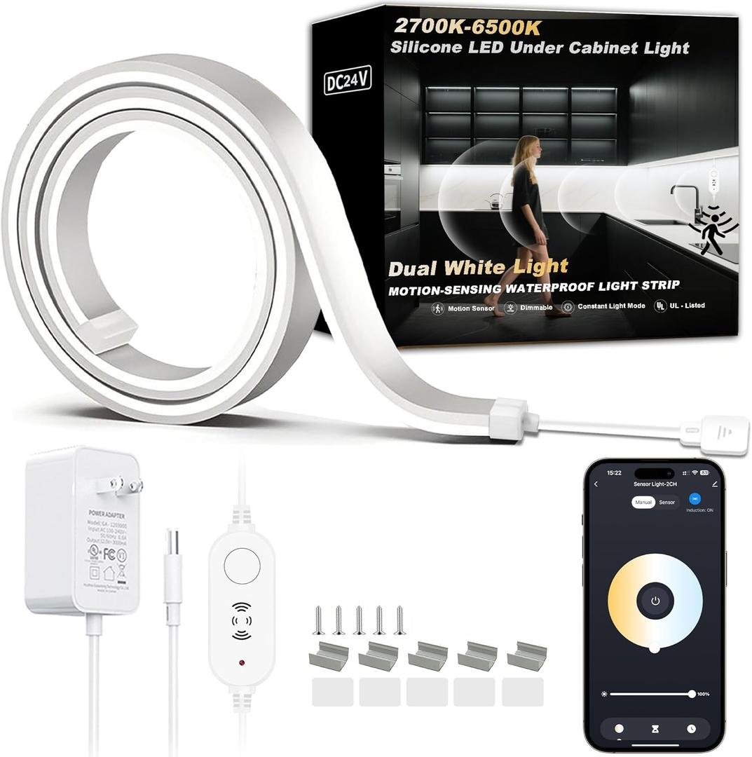 42inch WiFi LED Under Cabinet Lighting Plug in, Radar Motion & Ambient Light Sensor Silicone White 2700K-6500K, Wireless APP Control Dimmable Timing, for Google Home Alexa, for Kitchen Under Counter