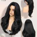 WIGER Wavy Layered Wig Pre Cut Middle Part Curly Wig with Curtain Bangs Light Yaki Glueless Synthetic Wigs for Women Heat Resistant Fiber Daily Party Cosplay Costume, Black