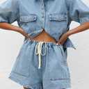 chouyatou Women's Summer Denim 2 Piece Outfits Short Sleeve Button Down Shirt Elastic Waist Wide Leg Shorts Matching Set (Blue, S)