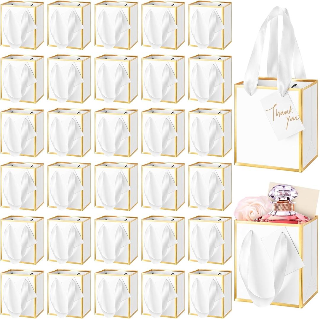 Yeaqee 50 Pcs Mini Metallic Paper Gift Bags with Handles 4x2.75x4.5'' Tiny Small Gift Bags with Thank You Tag for Valentine Wedding Birthday Welcome Return Gifts Small Business (White, Gold)