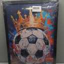 Framed Soccer Ball with Crown Wall Art, Textured Oil Painting Style Sports Canvas Print, King of Football Poster with Solid Wood Frame, Modern Graffiti Wall Decor for Boys Bedroom Bar, 16"L x 24"W