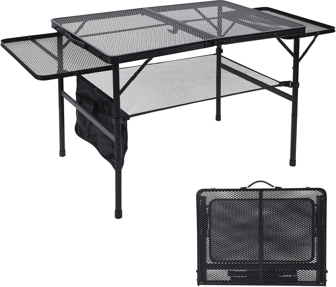 JOUYEK Folding Grill Table, 3x2 FT Portable Camping Table with 2 Wing Panels, Height Adjustable Metal Tables with Mesh Desktop and Mesh Bag, Outdoor Furniture for Camping, Picnic, Beach and BBQ, Black