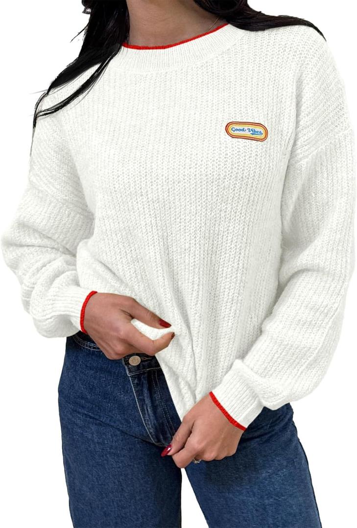Saodimallsu Womens Sweaters Crew Neck Long Sleeve Knit Contrast Piping Stripe Lightweight Casual Fall Pullover Tops 2025 (Medium, White)