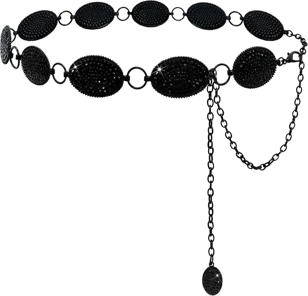 Bling Rhinestone Concho Belt Heavy Metal Western Crystal Chain Belt Cowgirl Sparkly Waist Chain for Women (2628")