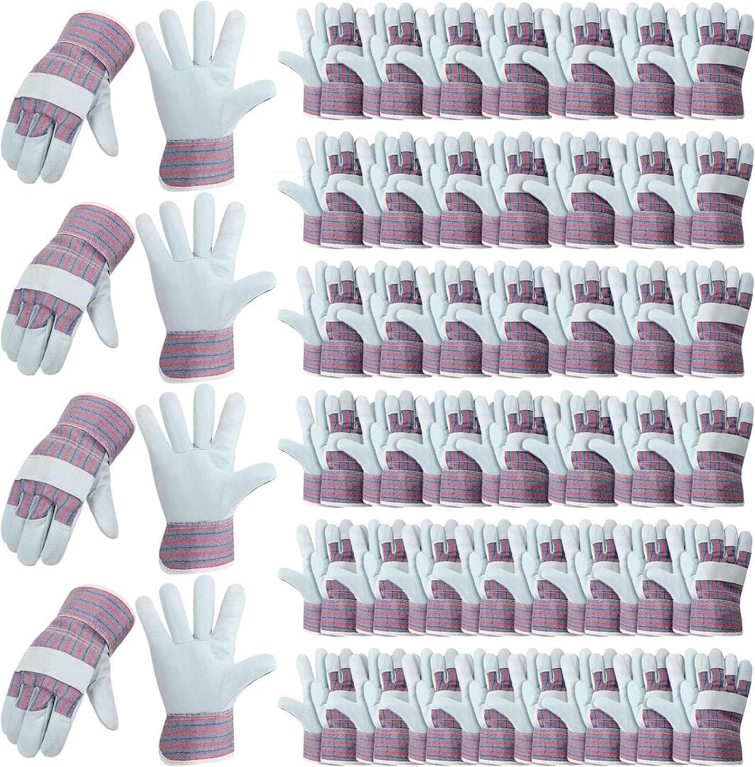 Jiuguva 48 Pairs Leather and Cotton Work Gloves Bulk Gardening Gloves for Men Women Padded Heavy Duty Gloves with Reinforced Palms and Safety Cuff for Landscaping Construction Working, Red and Blue