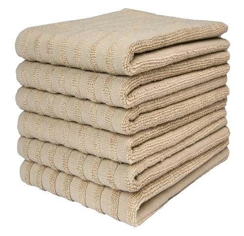 Premium Kitchen Towels (20”x 28”, 6 Pack) | Large Cotton Dish Towels 450 GSM | Highly Absorbent Terry Kitchen Linen Set with Hanging Loop | Tan Solid