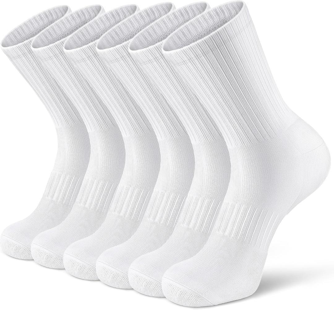Airacker Athletic Socks Sport Running Calf Socks Performance Cushioned Breathable Crew Socks for Men Women(6 Pairs) (White, L)