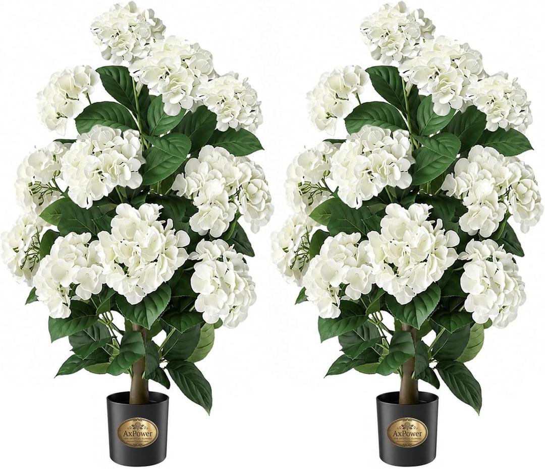 2 Pack Hydrangea Artificial Tree Flowers for Outdoor Faux Bush Plant | Realistic Faux Hydrangea Topiary Plant for Porch, Indoor Outdoor Entryway, Wedding, Home Office Decor, Warming House Gift