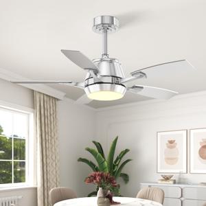 42" Ceiling Fan with Light, Modern Low Profile Ceiling Fan with Light, DC Reversible Motor, Smart APP & Remote Control, Whisper Quiet, Dimmable LED for Bedroom/Living Room (Chrome)