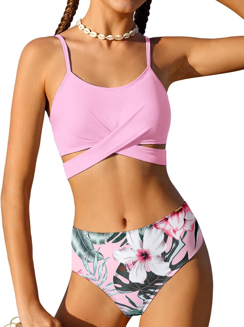 Dearnow Girls Swimsuits Bikini Set Two Piece Bathing Suit Criss Cross Girls' Swimwear with Chest Pad (15-16 Years, Light Pink)