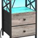 AMHANCIBLE Nightstand with Fast Charging Station, End Tables Living Room with USB Charger 3-Port & 2-Power Outlet, Bedside Table with Storage Fabric Drawers for Bedroom HET052LGY1 (Greige+black)