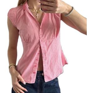 Women's Y2K Button Down Shirt Turn Down Collar Short Sleeve Plaid/Striped Print Frill Trim Crop Casual Top (Pink, S)