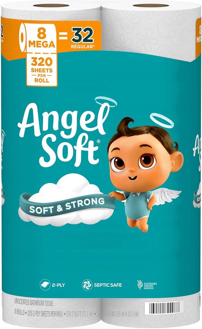 Angel Soft Toilet Paper, 8 Mega Rolls = 32 Regular Rolls, Soft and Strong Toilet Tissue