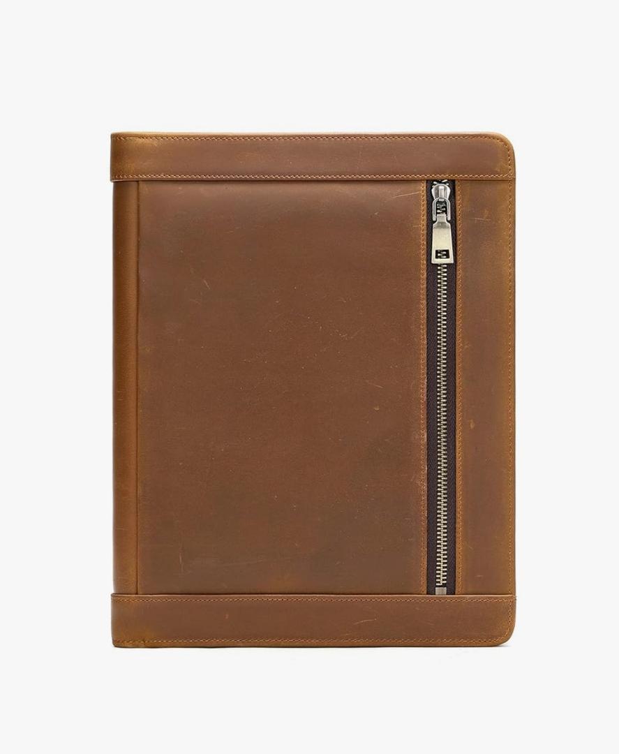 Genuine Leather A4 Conference Folder - Professional Zippered Portfolio Padfolio for Business Meetings Fits 10-11 Inch Tablet
