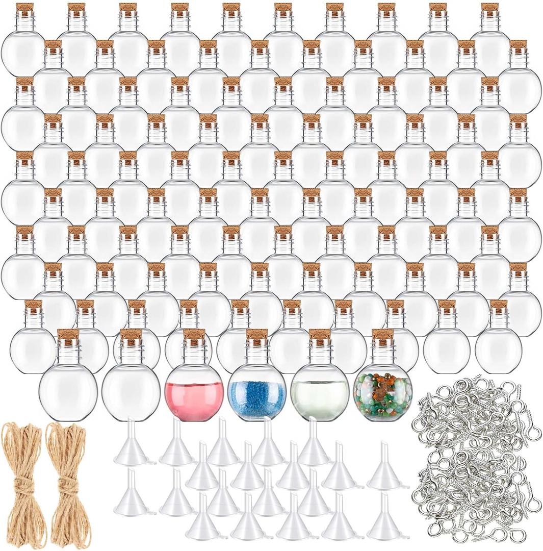 Bokon 50 Pack 1oz Plastic Mini Potion Bottles with Corks Spherical Small Sand Art jar Tiny Clear Ball Shape Liquor Bottles Bulk Wishing Vial for Birthday Halloween Party Favor DIY Crafts Gift (1.6x2 Inch, Round)