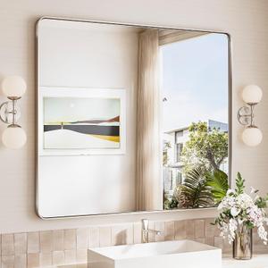 TokeShimi 42x36 Brushed Nickel Bathroom Mirror for Wall,Tempered Glass,Aluminum Framed Bathroom Vanity Mirror for Over Sink(Horizontal/Vertical)