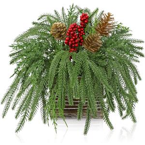 Artificial Christmas Norfolk Pine Arrangement with Red Berries and Pinecones 10 Inch Holiday Table Centerpiece in Rustic Wooden Box Faux Tabletop Arrangement for Home Mantel Xmas Dining Table Decor (Style 8)