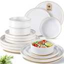 AmorArc Ceramic Dinnerware Sets for 6, 18 Pieces Handpainted Plates and Bowls Set with Rustic Terracotta Underside, Scratch Resistant Stoneware Dishes Set, Dishwasher & Microwave Safe (White (Handbrush Rim))