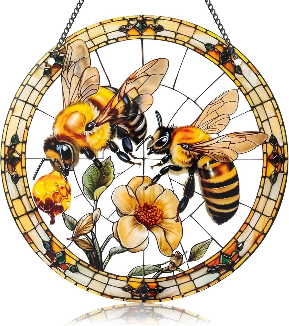 2 x Bee Window Hangings Decor - Acrylic Sun Catcher Ornaments with Hook & Chain,Art SunCatcher Pendant for Gifts Indoor Outdoor Home Wall Living Room Spring Summer Decoration (Double Bee)