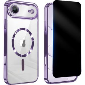 Magnetic for iPhone 17 Air Case Clear,with Privacy Screen Protector,Compatible with MagSafe [Non Yellowing] Full Camera Lens Protector Plating Soft Clear Phone Case for iPhone 17 Air,Purple