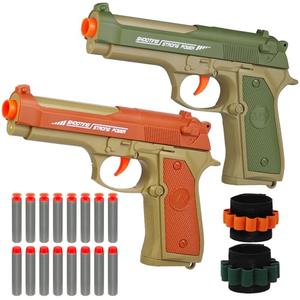 2 Pack Blaster Toy Guns for Boys Fit for Nerf Guns Darts, Small Toys Pistol for Boys Birthday Gifts, for Kids Toddlers Age 6-8 8-12 Year Olds - 16 Refill Foam Darts 2 Wristbands (Green Orange)