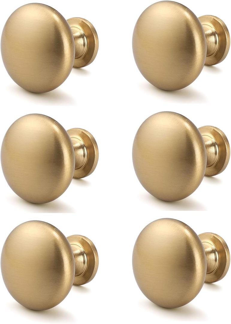 6 Pack Solid Cabinet Knob Warm Gold Kitchen Drawer Knob Champagne Bronze,Euro Style Dresser Knob Antique Brass Furniture Hardware,Diameter:1-1/5 "