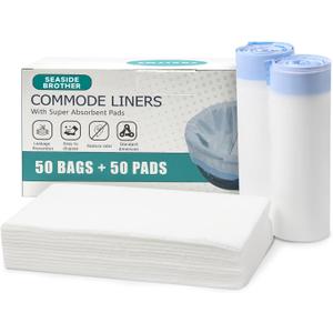 Commode Liners with Absorbent Pads, 50 Bedside Commode Liners and 50 Commode Pads, Portable Toilet Liners, Disposable Commode Bags Universal Fit All Standard Toilet Chair Bucket