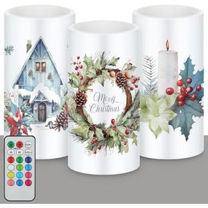 Retisee 3 Pcs Farmhouse Christmas Flameless Candles with Remote Rustic Christmas Battery Operated LED Candles Farmhouse Xmas Decor for Rustic Xmas Holiday Dining Table Bedroom Living Room