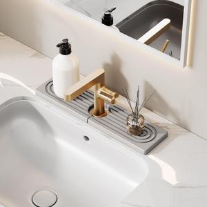 15.7 Inch Stone Faucet Mat for Kitchen Sink Splash Guard - Diatomite Quick Dry Stone Mat Kitchen Sink Protectors, Water-Absorbent Faucet Handle Drip Catcher Tray with Drainage (Gray, 15.7" x 3.9")