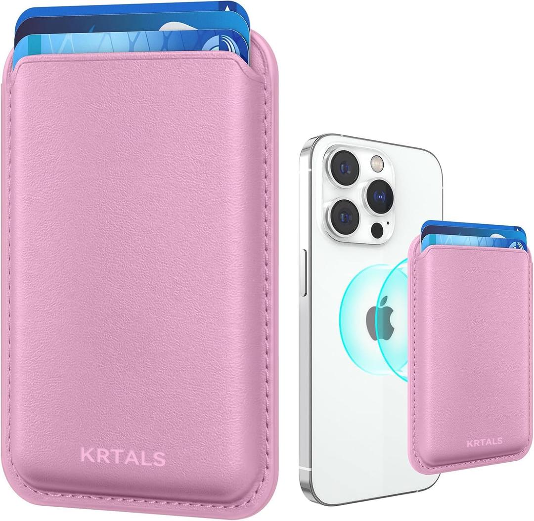 Magnetic Wallet Cell Phone Card Holder for Phone Case with Mag-Safe, Stronger Magnetic RFID Leather Phone Wallet Stick on Series of iPhone 17/16/15/14/13/12 and Pro/Promax, Pink