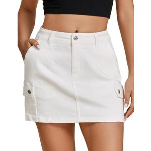 luvamia Jean Skirts for Women Denim Trendy High Waisted Mini Cargo Pockets Stretchy Short Skirt Country Concert Outfits (Large, Cream White)