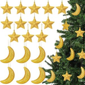 Soulchen 18 Pcs Glitter Star and Moon Christmas Gold Hanging Ornaments Set Christmas Celestial Ornaments Holiday Tree Decorations for Xmas Party Garland and Winter Decor