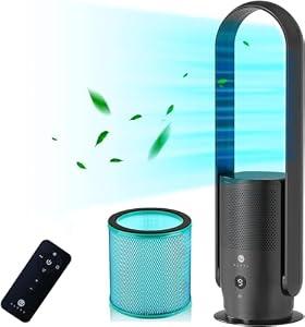 U ULTTY Bladeless Tower Fan and Air Purifier in one, Quiet Tower Fan with Remote, Touch, 9 Speeds, 8H Timer, HEPA Filter 99.97%, 90° Oscillation Fans, Floor Fans Powerful for Home Office Room, Black