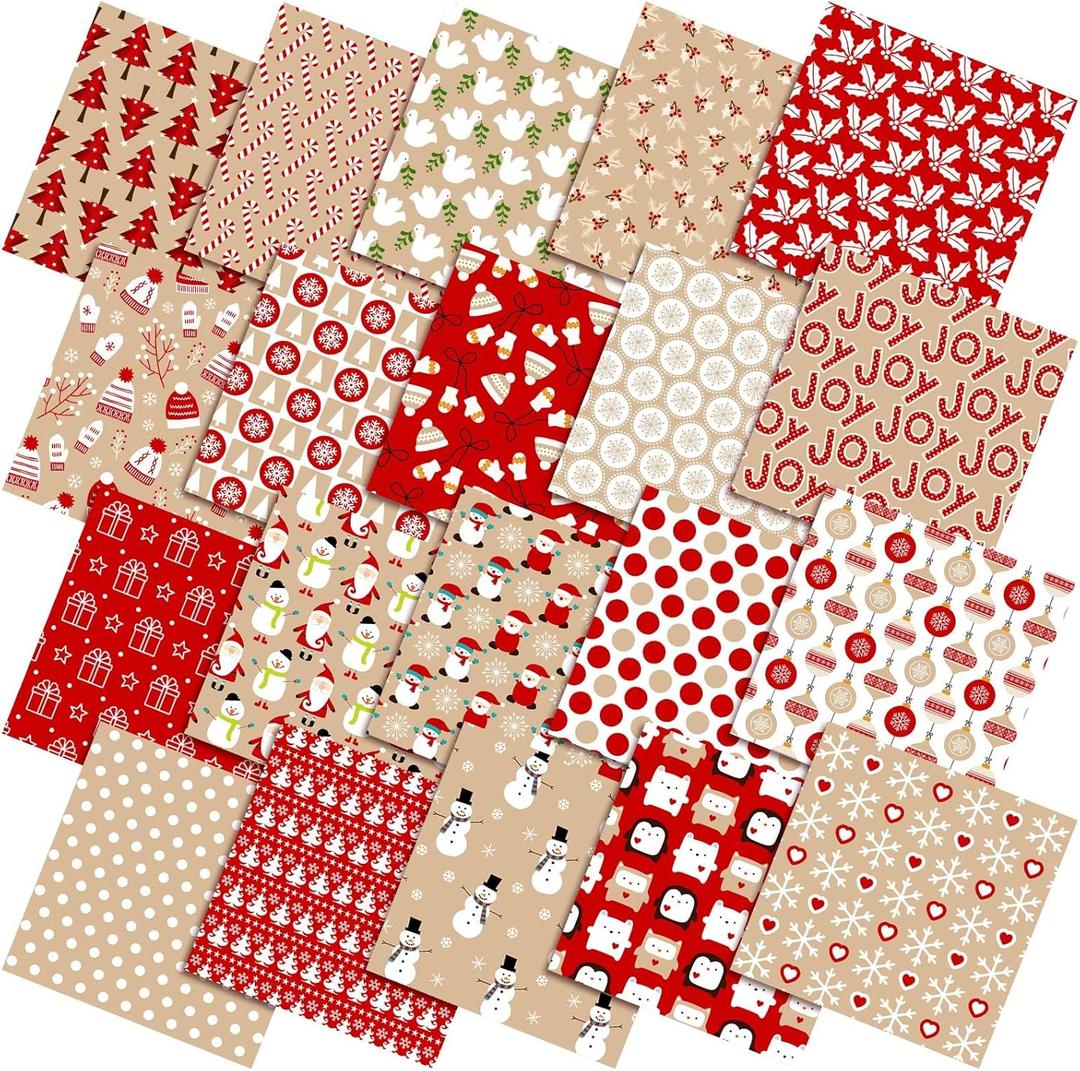 HunnmingRe 20 Pcs 10''x10'' Christmas Quilting Fabric Square Hot Cocoa Santa Candy Cane Snowman Quiltted Fabric Bundle Red Precuts Printed Patchwork Supplies for Holiday DIY Sewing Craft