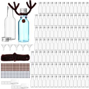 Soulchen 100 Set DIY Christmas Craft Kit Mini Reindeer Bottles, 3.4oz Small Shot Bottles with Caps Funnels Elk Antler Twist Stick Knit Nose 300 Pcs Eyes for Art Gift Xmas Party Favor Decoration