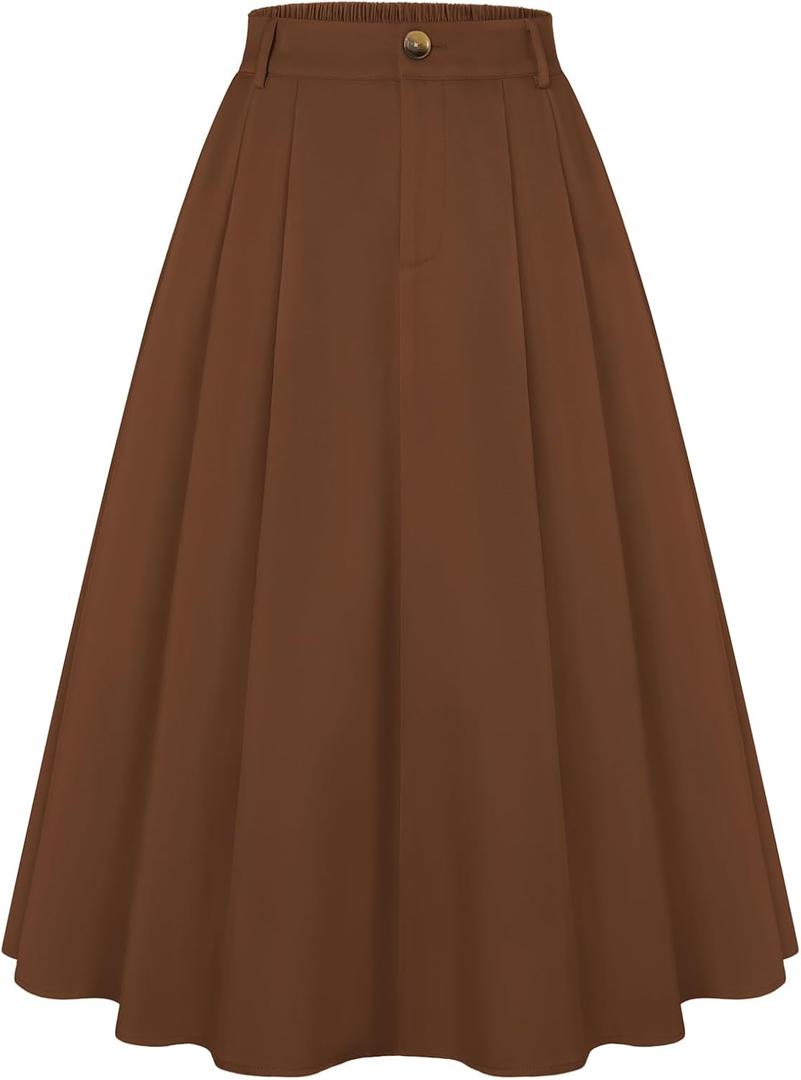 Belle Poque Women Vintage Pleated Skirt with Pockets A Line Midi High Elastic Waist Flared Skirt for Office Daily (Brown)