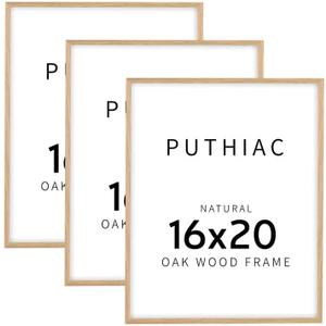 puthiac 16x20 Solid Oak Wood Picture Frame, Fits 12x16 with Mat or 16x20 Without Mat, Wall Display Only, Vertical or Horizontal, Plexi Front, 3 Pack, Natural Oak