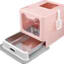 Tehoao Enclosed Cat Litter Box with Lid Top Exit Covered Metal Stainless Steel Litter Box Leak Proof & Odorless Easy to Clean Including Cat Litter Scoop and Litter Mat (Pink)