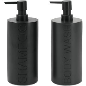 2-Pack Matte Black Resin Refillable Shampoo & Body Wash Bottles Modern Bathroom Pump Dispenser Set, Durable Resin Shower Containers with Embossed Labels, Reusable Pump Bottle