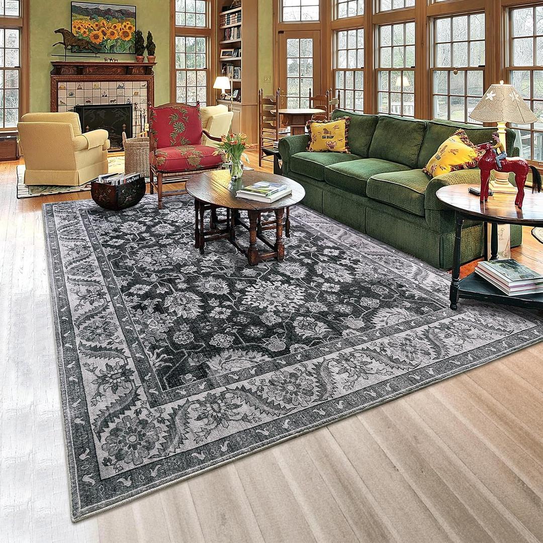 Area Rugs for Living Room, Washable 5x8 Area Rug for Bedroom, Retro Floral Carpet with Non-Slip Rubber Backing for Home Office Dorm Dining Room Kitchen