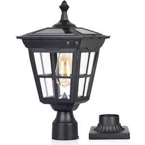 Solar Lamp Post Light, Cast Aluminium Waterproof LED Pillar Lights with Glass Outdoor Dusk to Dawn Post Light Solar Powered ST4311BQ for Pier Mount Gates Yard Pole (Black+Clear Glass)