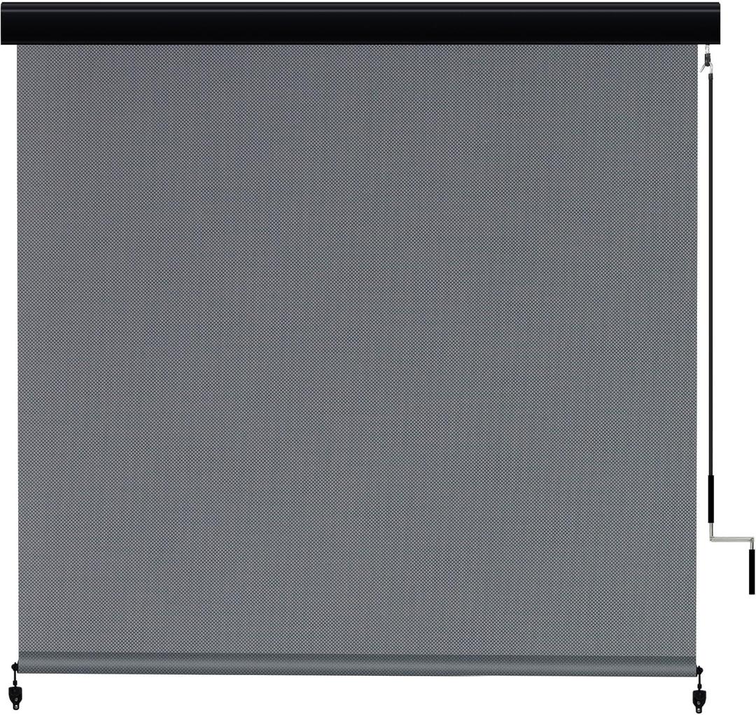VICLLAX Premium Outdoor Roller Shade Solar Fabric Exterior Roller Shade for Porch Patio Balcony, Crank Operated with Aluminum Protective Valance(8' W X 8' L), Black Grey (Graphite)