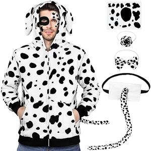 AOTHSO Men's Dalmatian Dog Hooded Sweatshirt Halloween Costume Front Zip Hoodie with Pockets Tail Tatoo Stickers, XL